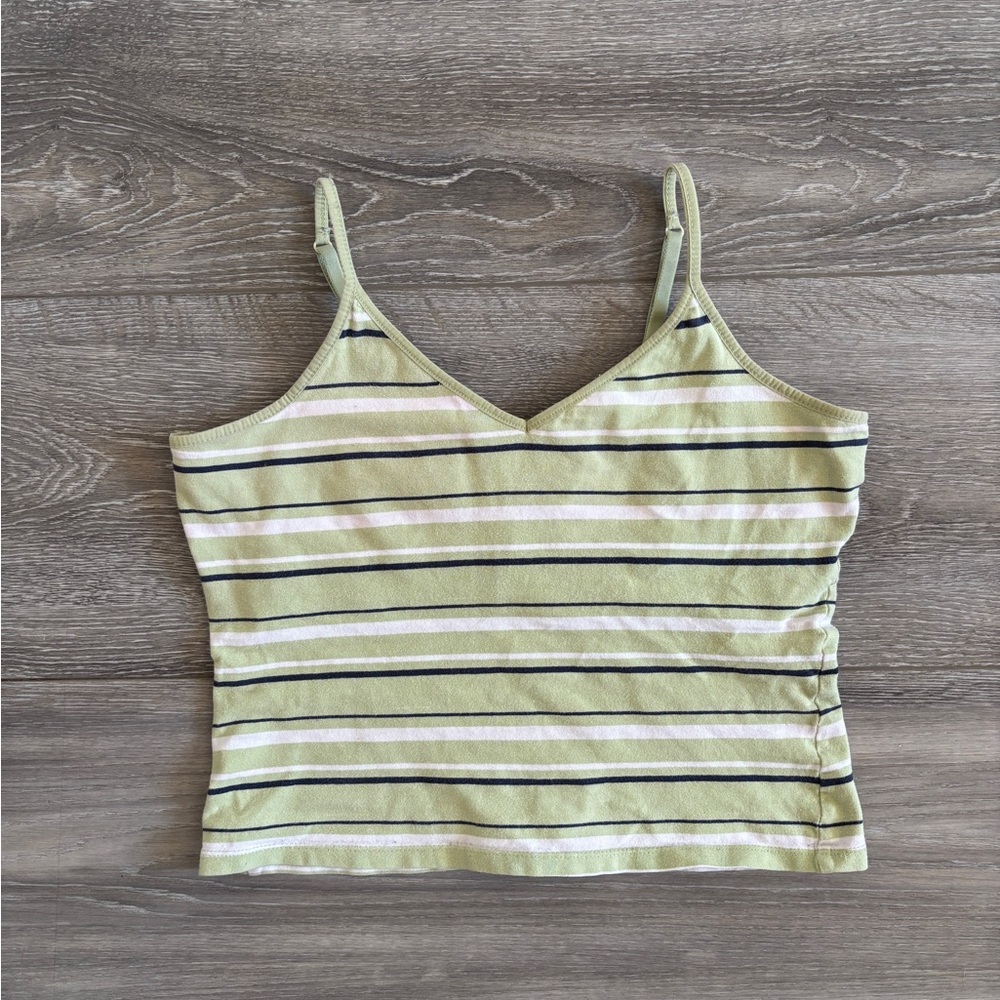 Vintage Weathervane Green White Navy Striped Cropped Tank Top w Shelf Bra Small